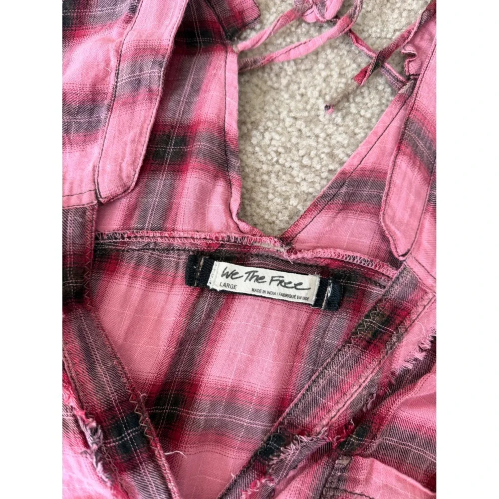 Free People Tunic Shirt One of the‎ Boys Plaid Boho Slouchy Lagenlook Pink Large